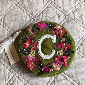 Anthropologie Initial Velvet Green Beaded Clutch